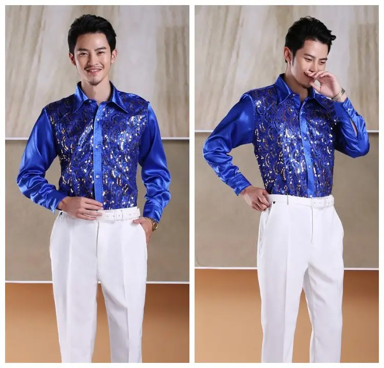 Men's White Chorus Sequin Shirt Middle Age Elderly Art Evening Red Song Dance Performance Stage Costume — feature 9
