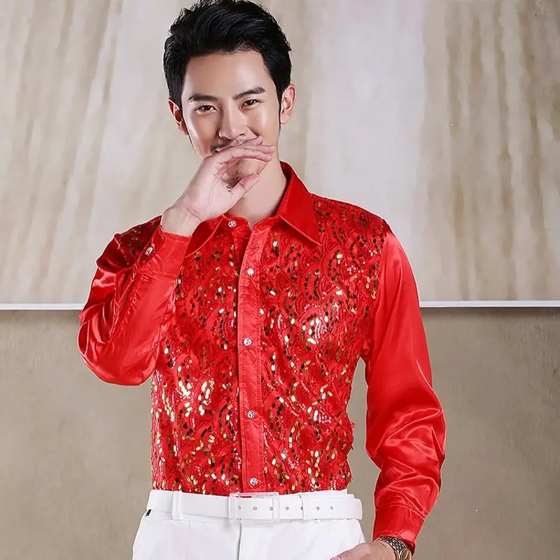 Men's White Chorus Sequin Shirt Middle Age Elderly Art Evening Red Song Dance Performance Stage Costume