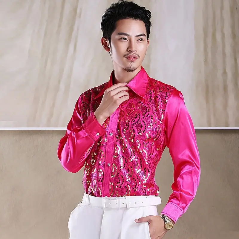 Men's White Chorus Sequin Shirt Middle Age Elderly Art Evening Red Song Dance Performance Stage Costume