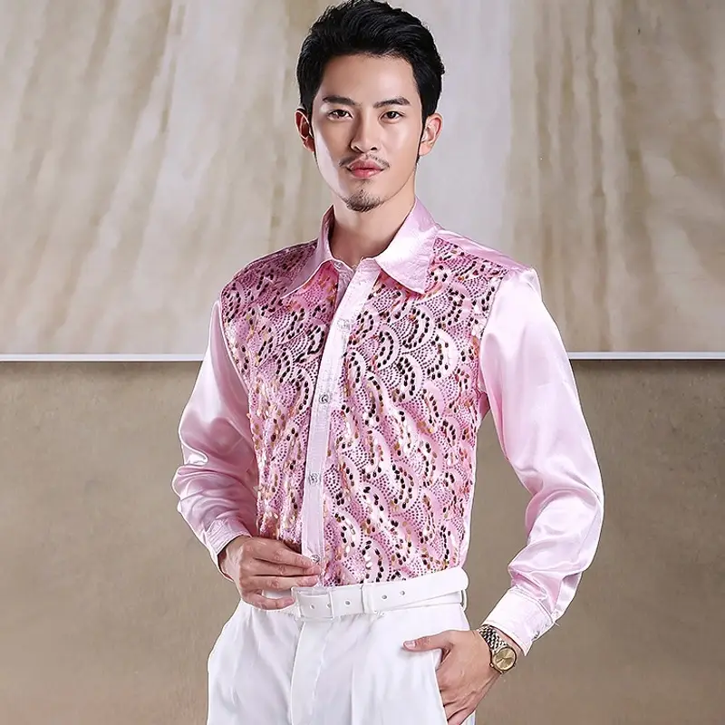 Men's White Chorus Sequin Shirt Middle Age Elderly Art Evening Red Song Dance Performance Stage Costume