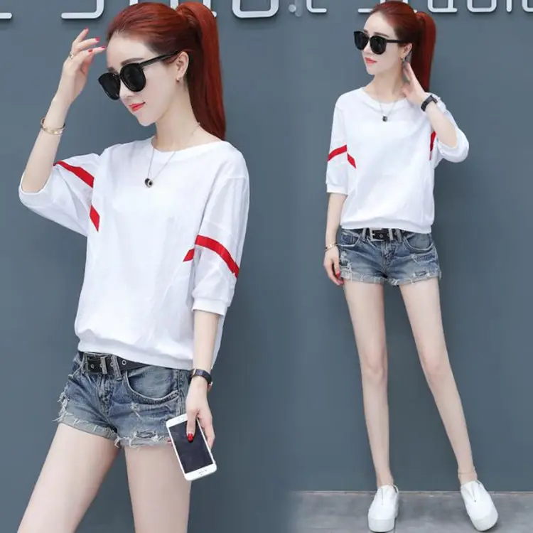 Korean Style White Red Striped T-Shirt for Women