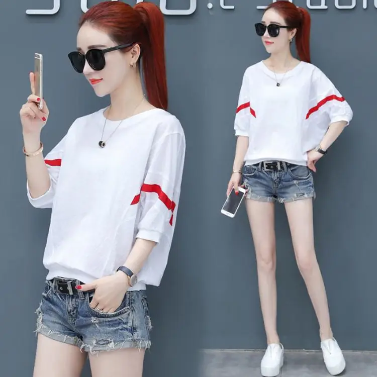 Korean Style White Red Striped T-Shirt for Women