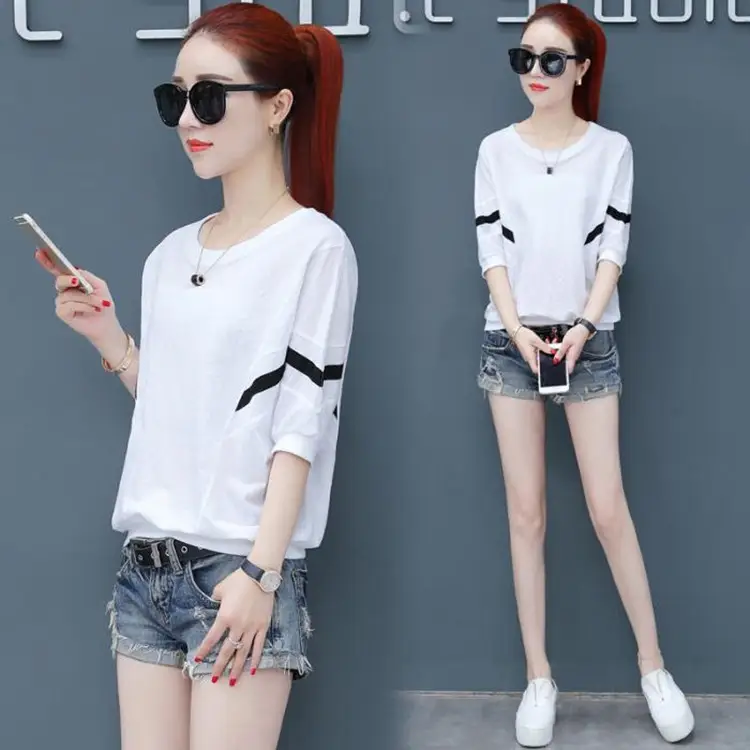 Korean Style White Red Striped T-Shirt for Women