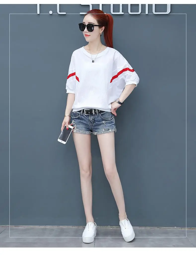 Korean Style White Red Striped T-Shirt for Women — feature 2