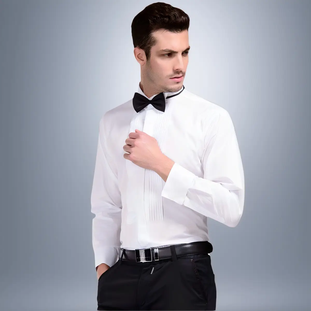 Men's White Tie Shirt with Red Bow Tie — feature 11