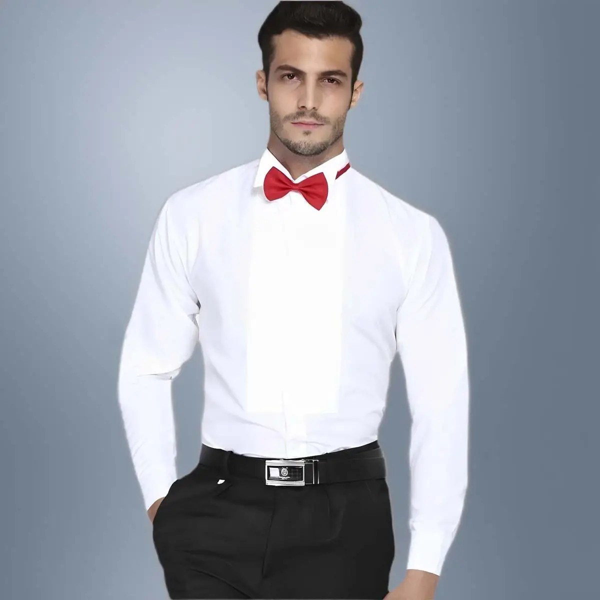 Men's White Tie Shirt with Red Bow Tie — feature 13
