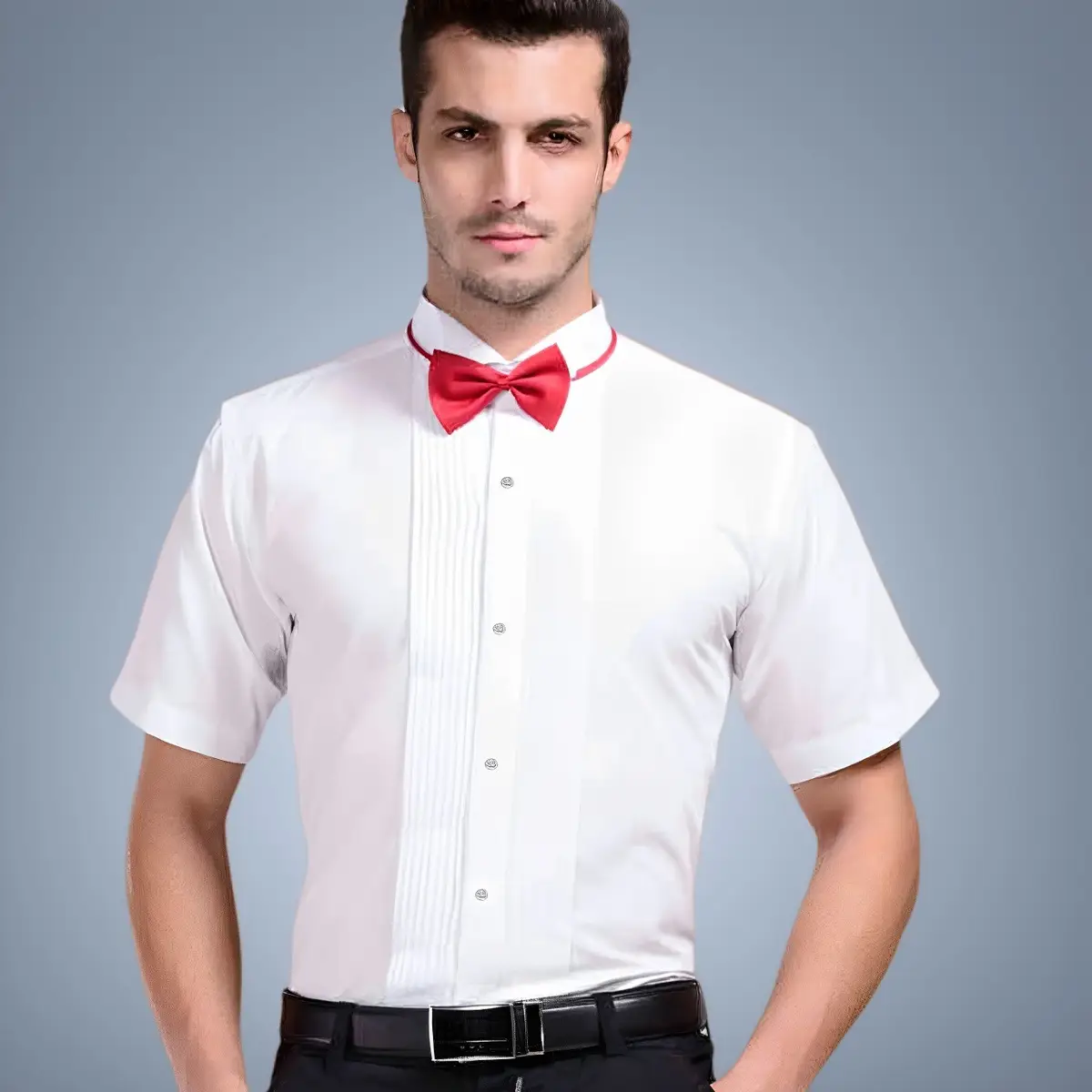 Men's White Tie Shirt with Red Bow Tie — feature 29