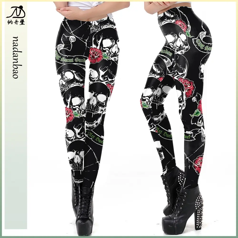 3D Skull Print Yoga Pants Black White - Image 2