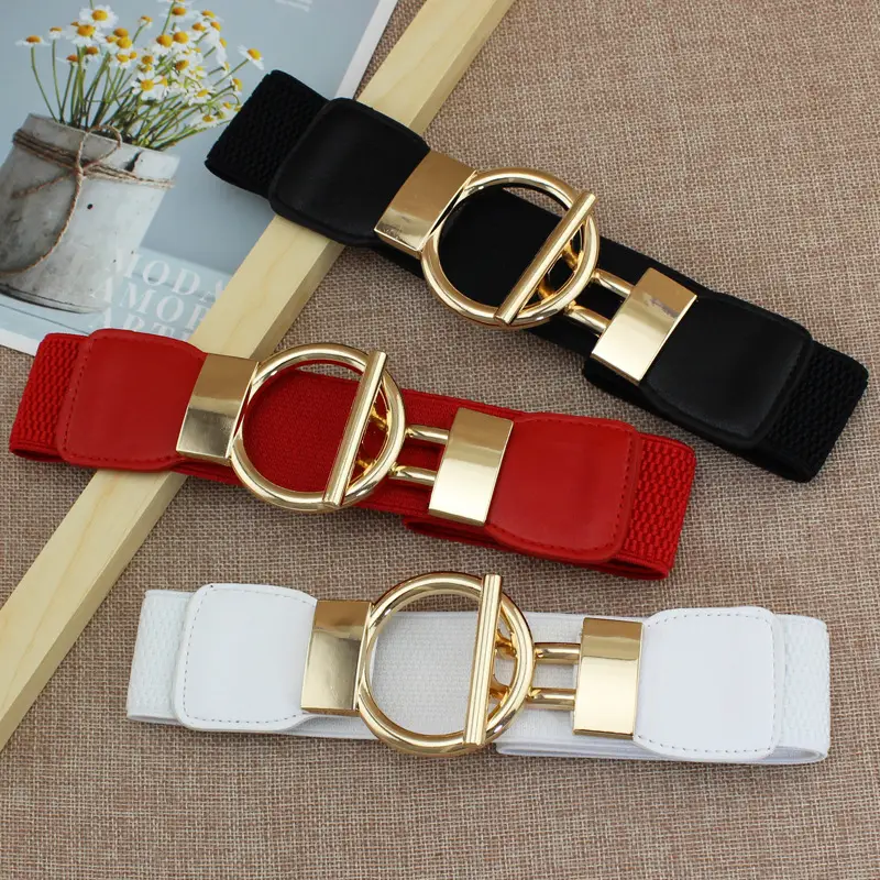 Golden Round Buckle Elastic Waist Belt for Women