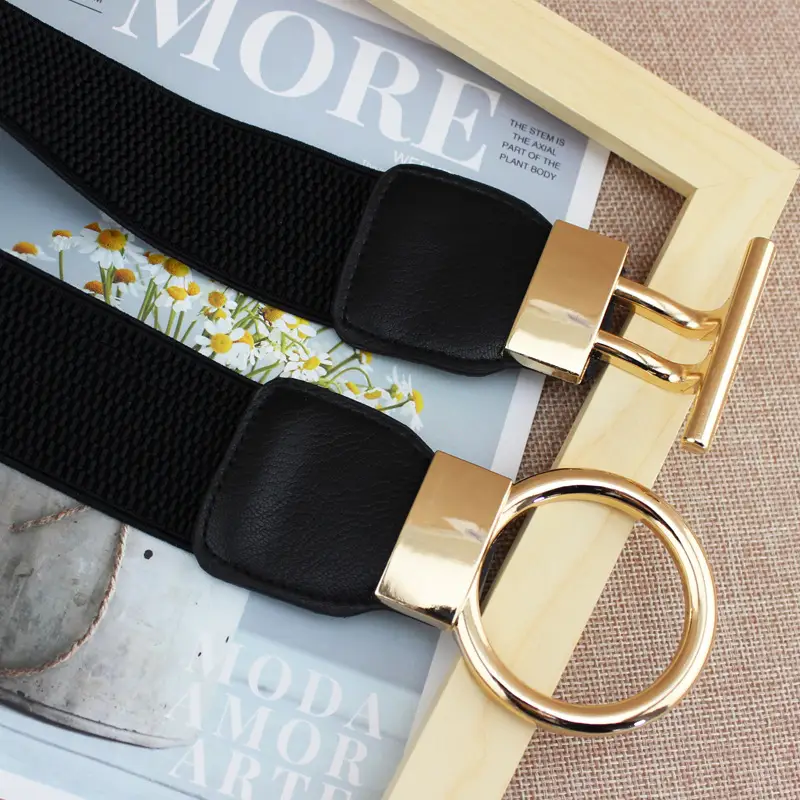 Golden Round Buckle Elastic Waist Belt for Women