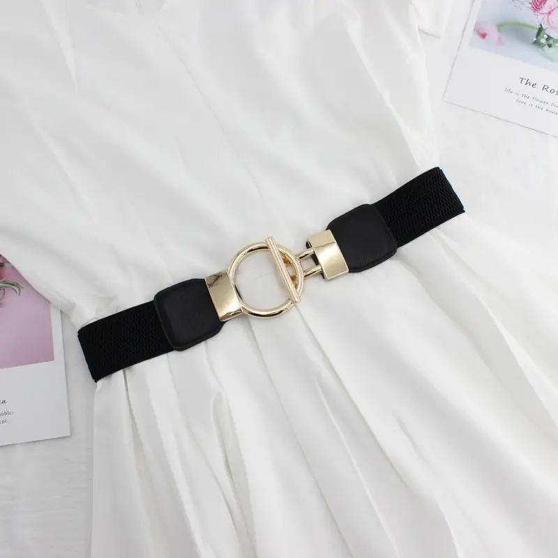 Golden Round Buckle Elastic Waist Belt for Women