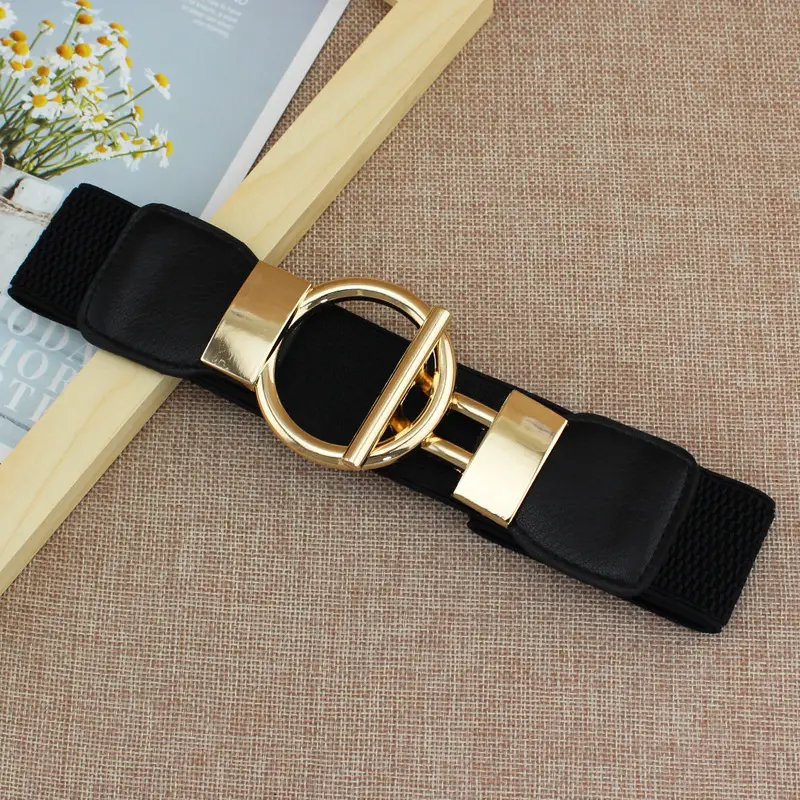 Golden Round Buckle Elastic Waist Belt for Women