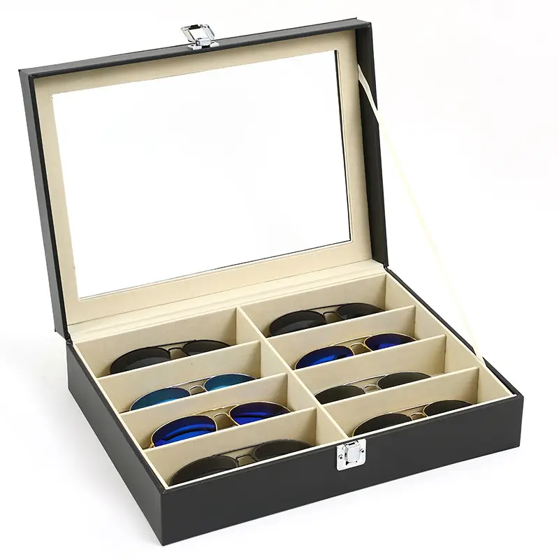 Flip Pu Leather 8-Slot Glasses Case with Mirror