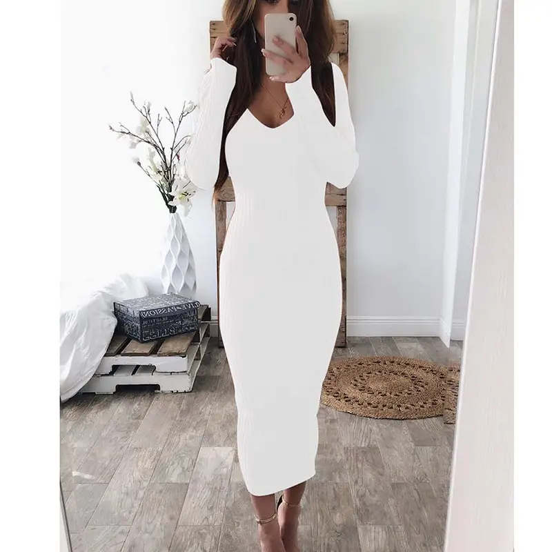 Red Long Sleeve V-Neck Dress for Women Large - Image 7