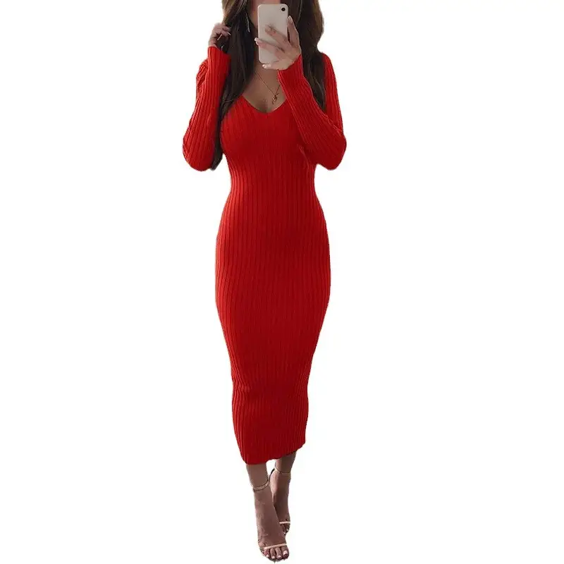 Red Long Sleeve V-Neck Dress for Women Large - Image 8