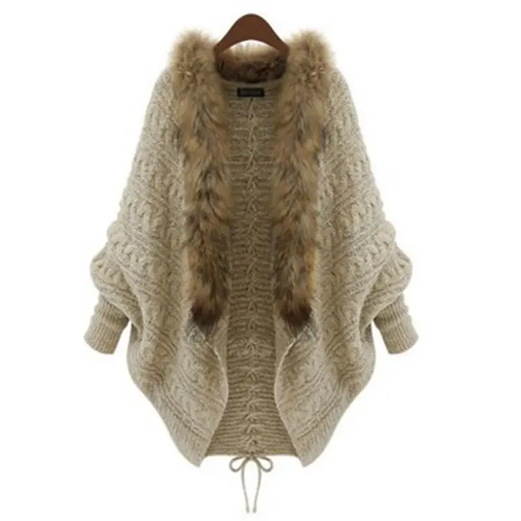 Women's Loose Knit Fur Collar Sweater Winter Shawl - Image 2