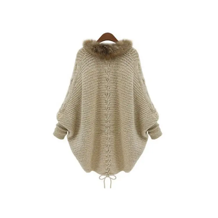 Women's Loose Knit Fur Collar Sweater Winter Shawl - Image 3