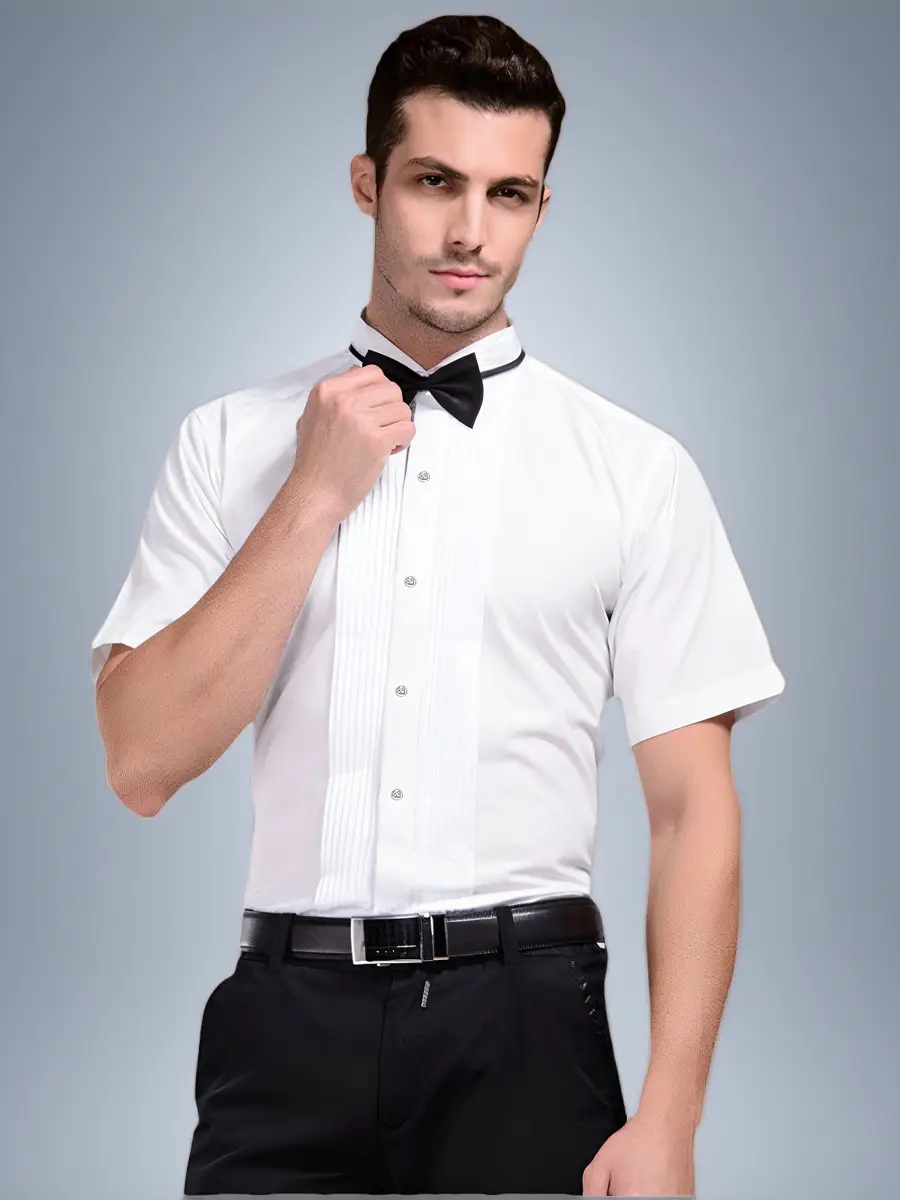 Men's White Short Sleeve Stage Performance Shirt with Bow Tie - Image 2