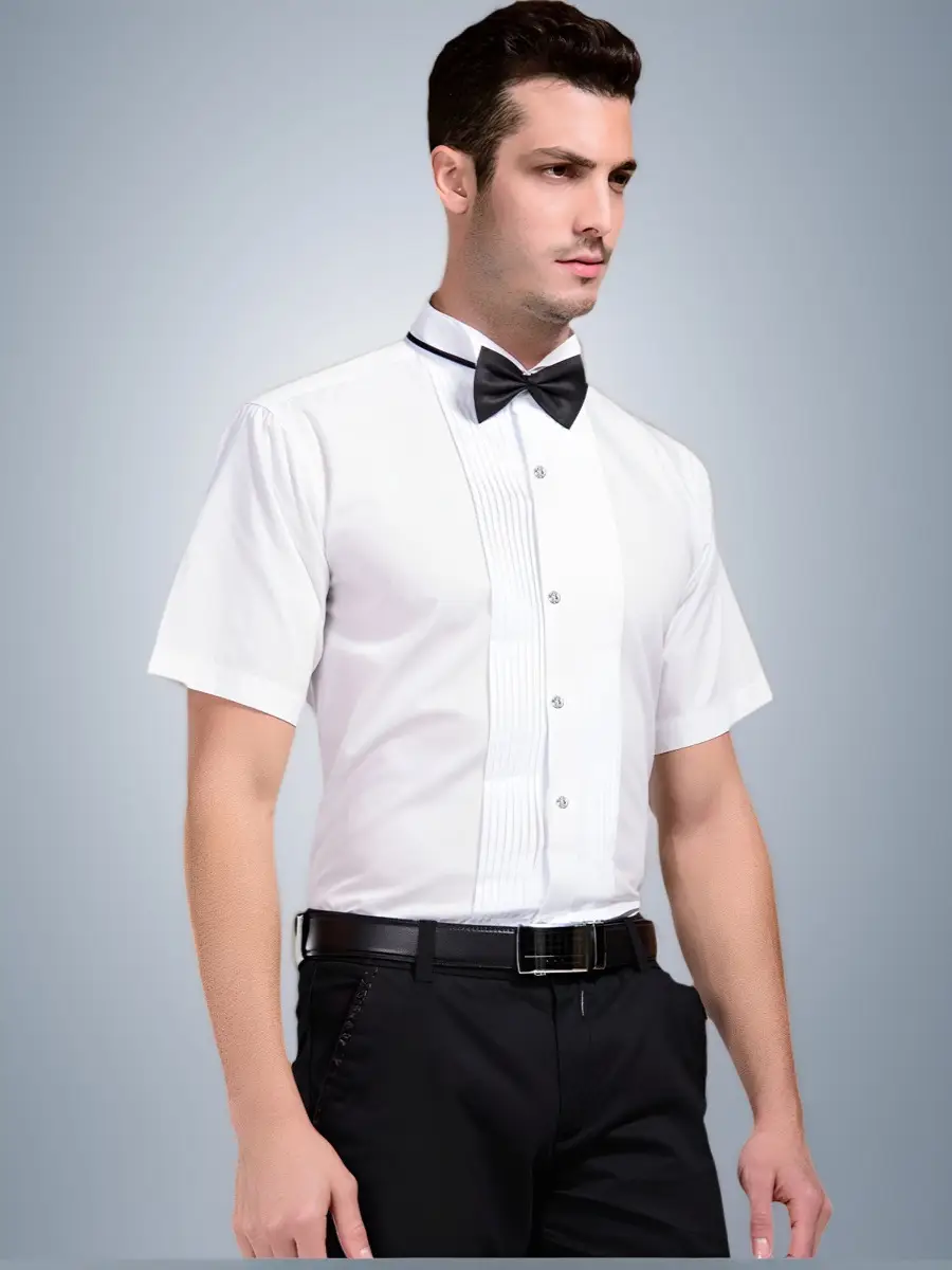 Men's White Short Sleeve Stage Performance Shirt with Bow Tie - Image 3