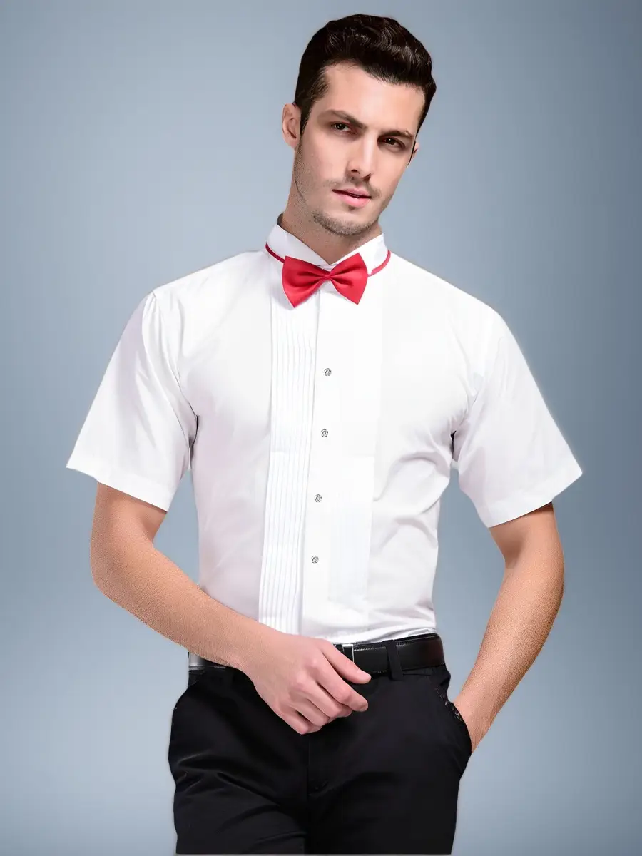 Men's White Short Sleeve Stage Performance Shirt with Bow Tie - Image 4