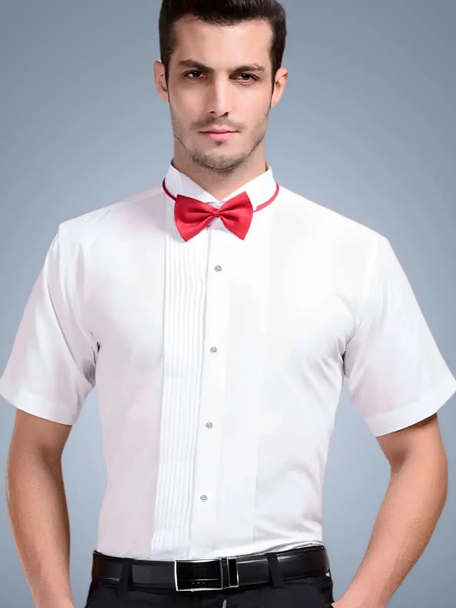 Men's White Short Sleeve Stage Performance Shirt with Bow Tie - Image 5