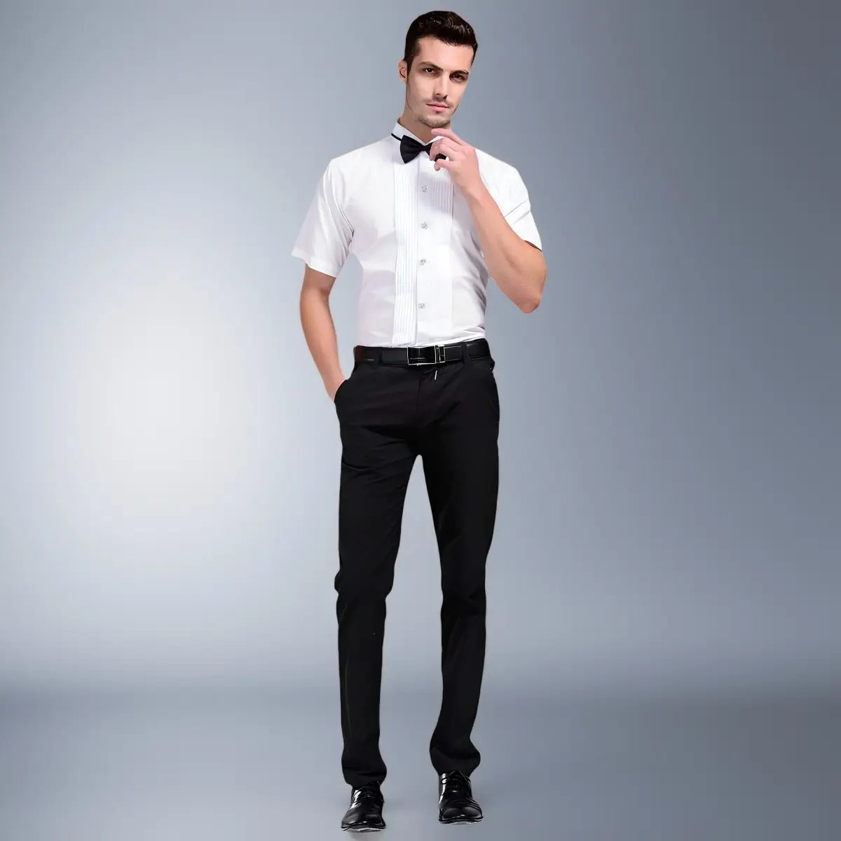 Men's White Short Sleeve Stage Performance Shirt with Bow Tie — feature 6