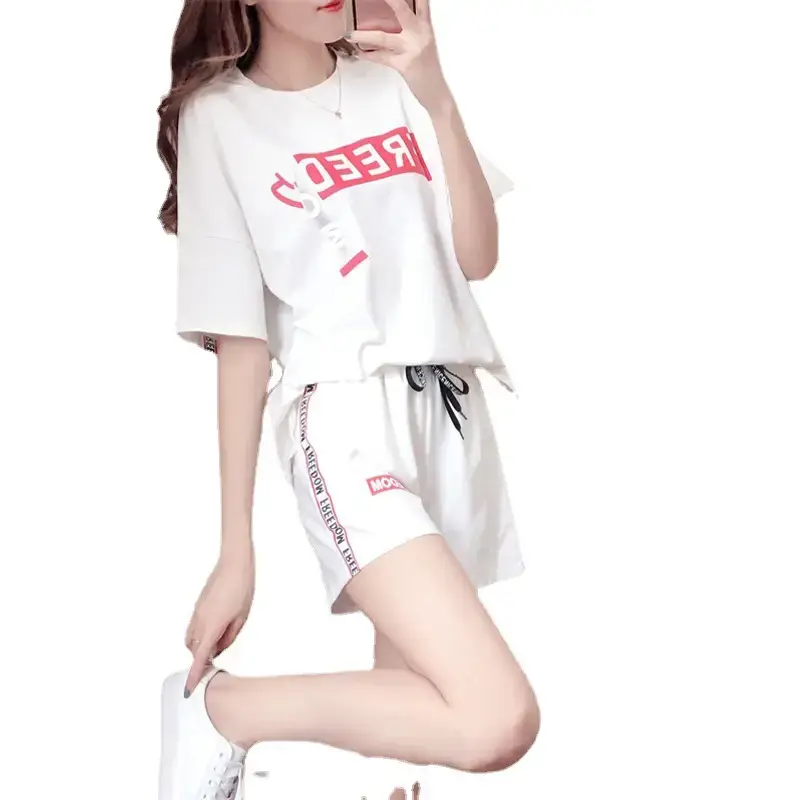 Women 2-Piece White Casual Shorts Set with Red Print