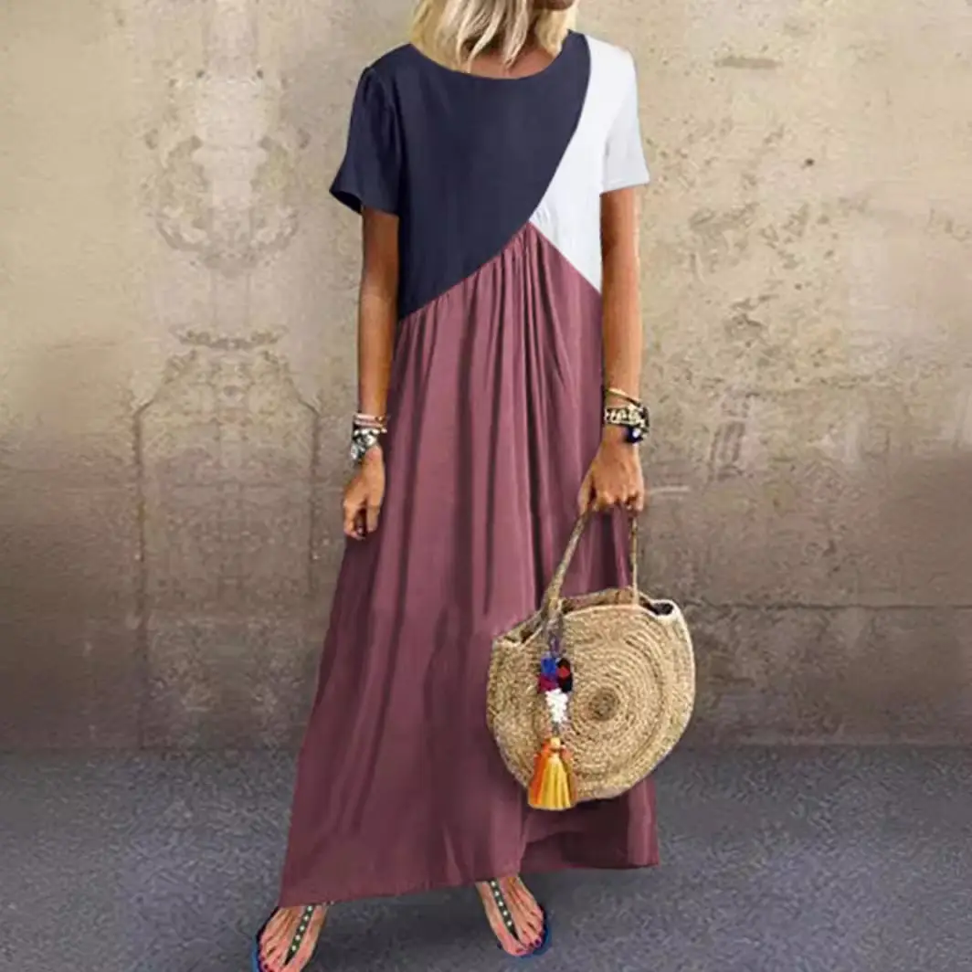Women Geometric Contrasting Long Skirt Dress Summer Beach Wear