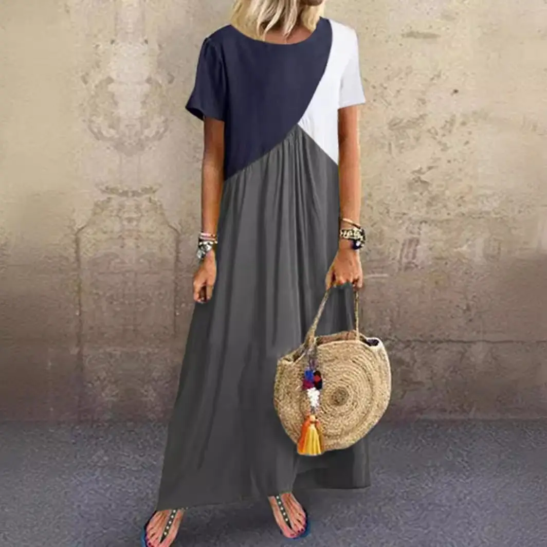 Women Geometric Contrasting Long Skirt Dress Summer Beach Wear