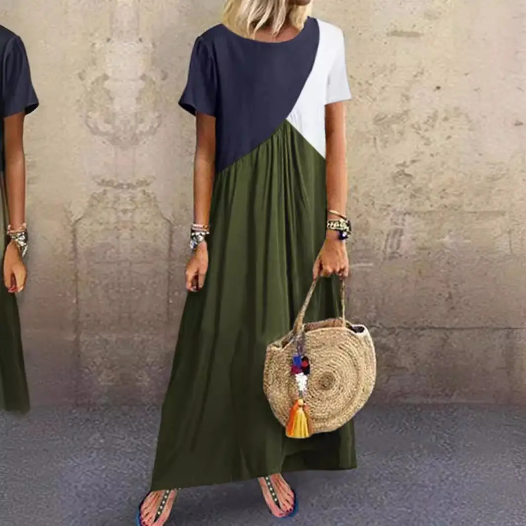 Women Geometric Contrasting Long Skirt Dress Summer Beach Wear