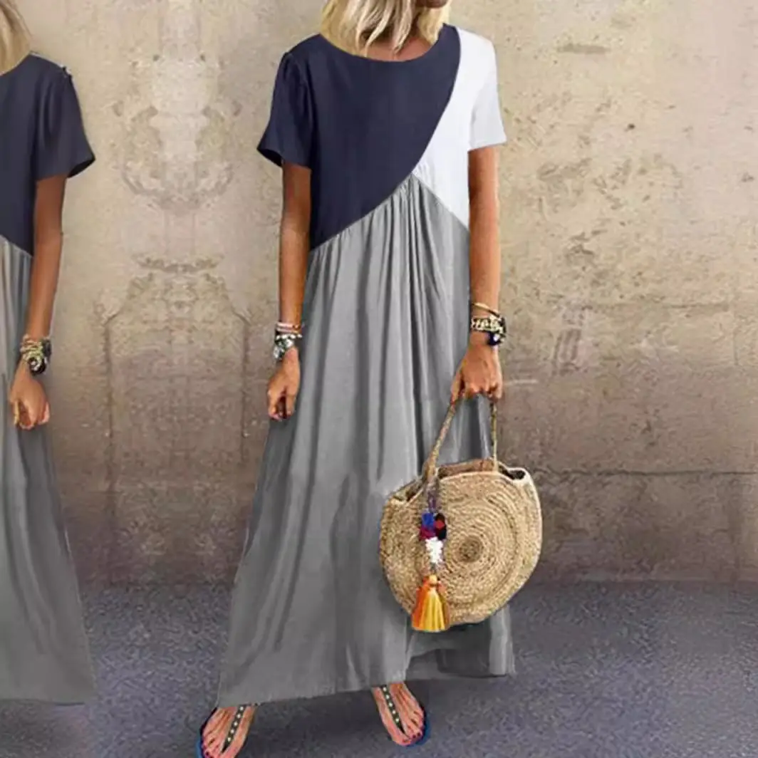 Women Geometric Contrasting Long Skirt Dress Summer Beach Wear