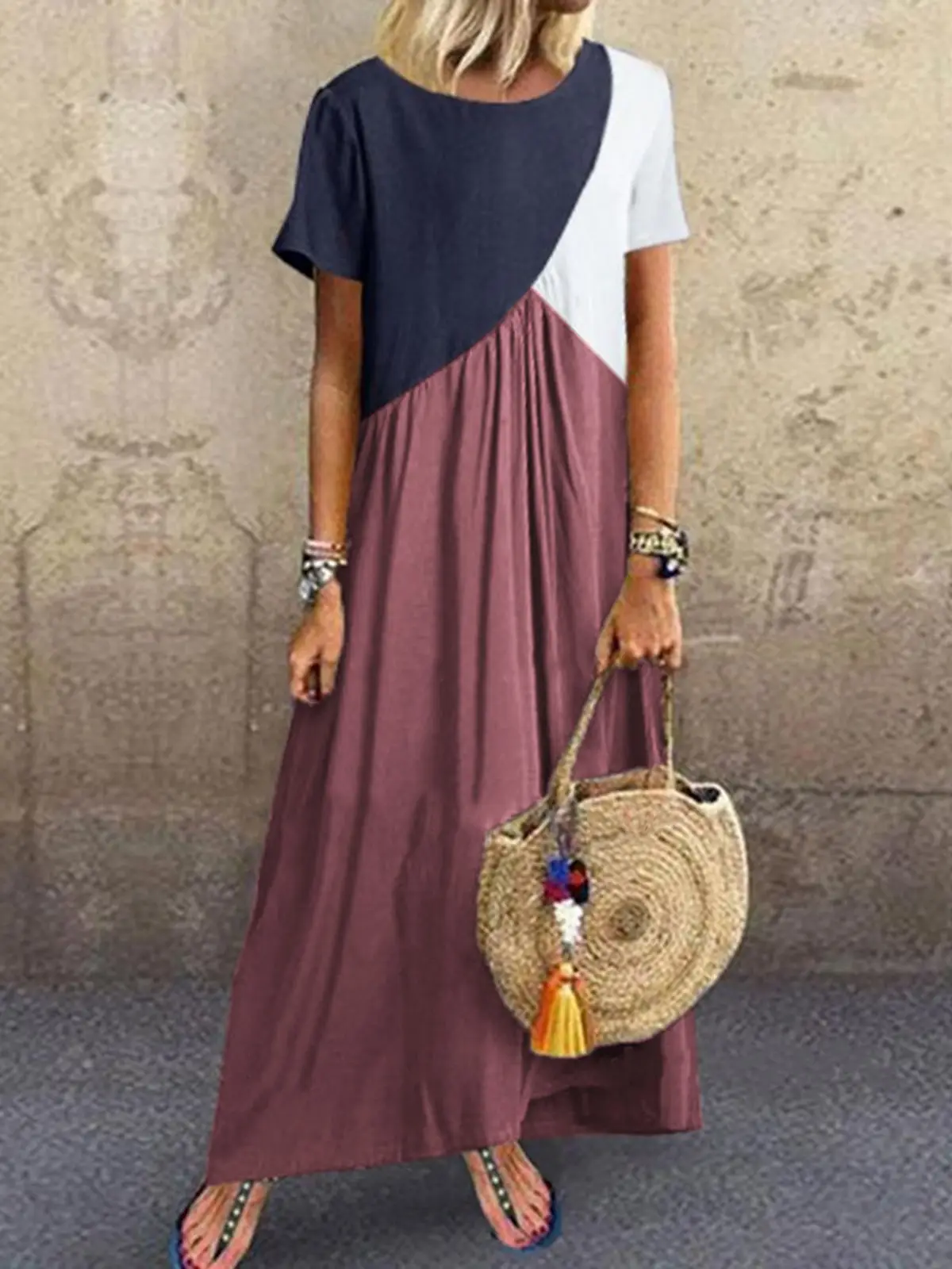 Women Geometric Contrasting Long Skirt Dress Summer Beach Wear