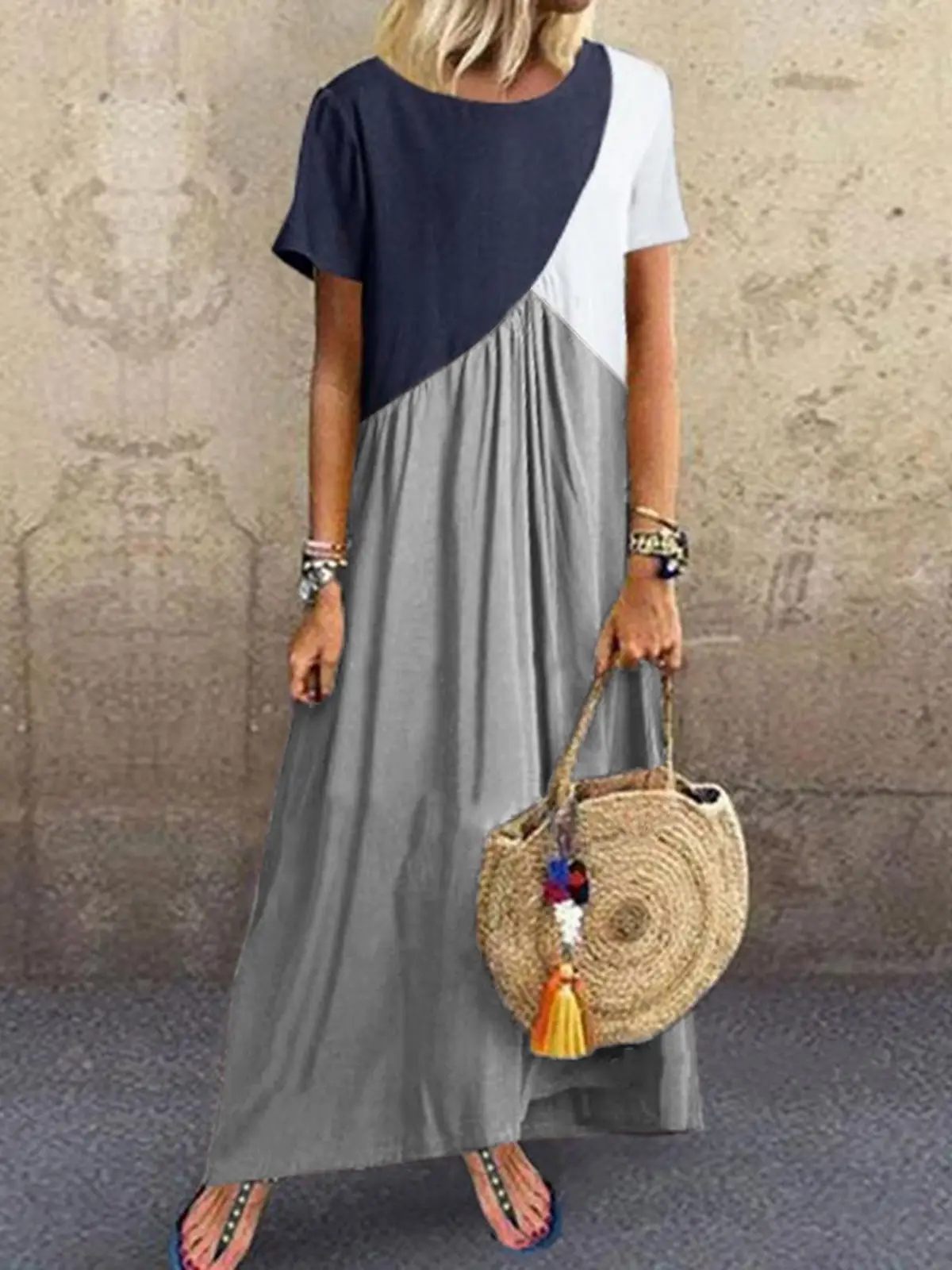 Women Geometric Contrasting Long Skirt Dress Summer Beach Wear