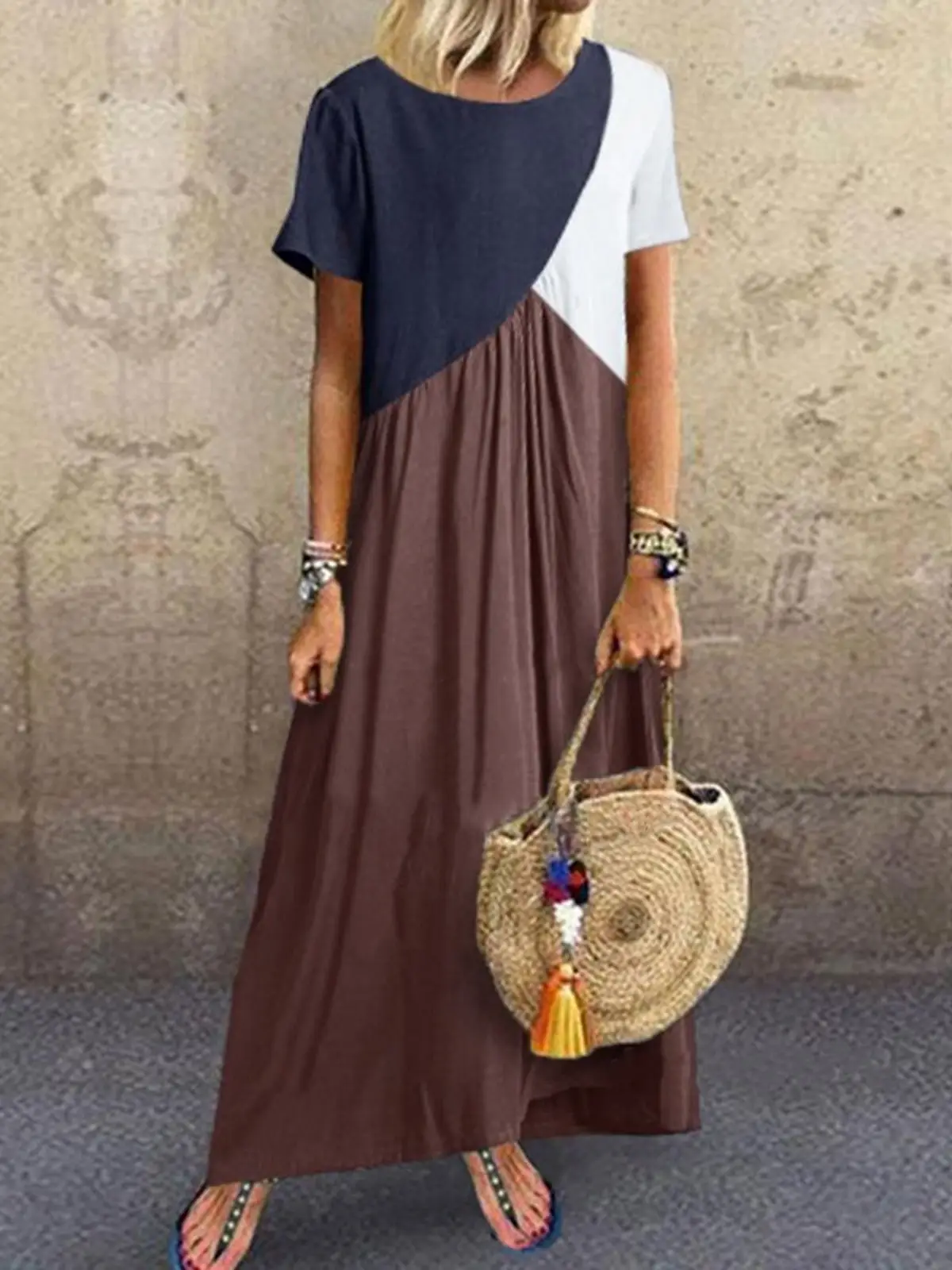 Women Geometric Contrasting Long Skirt Dress Summer Beach Wear