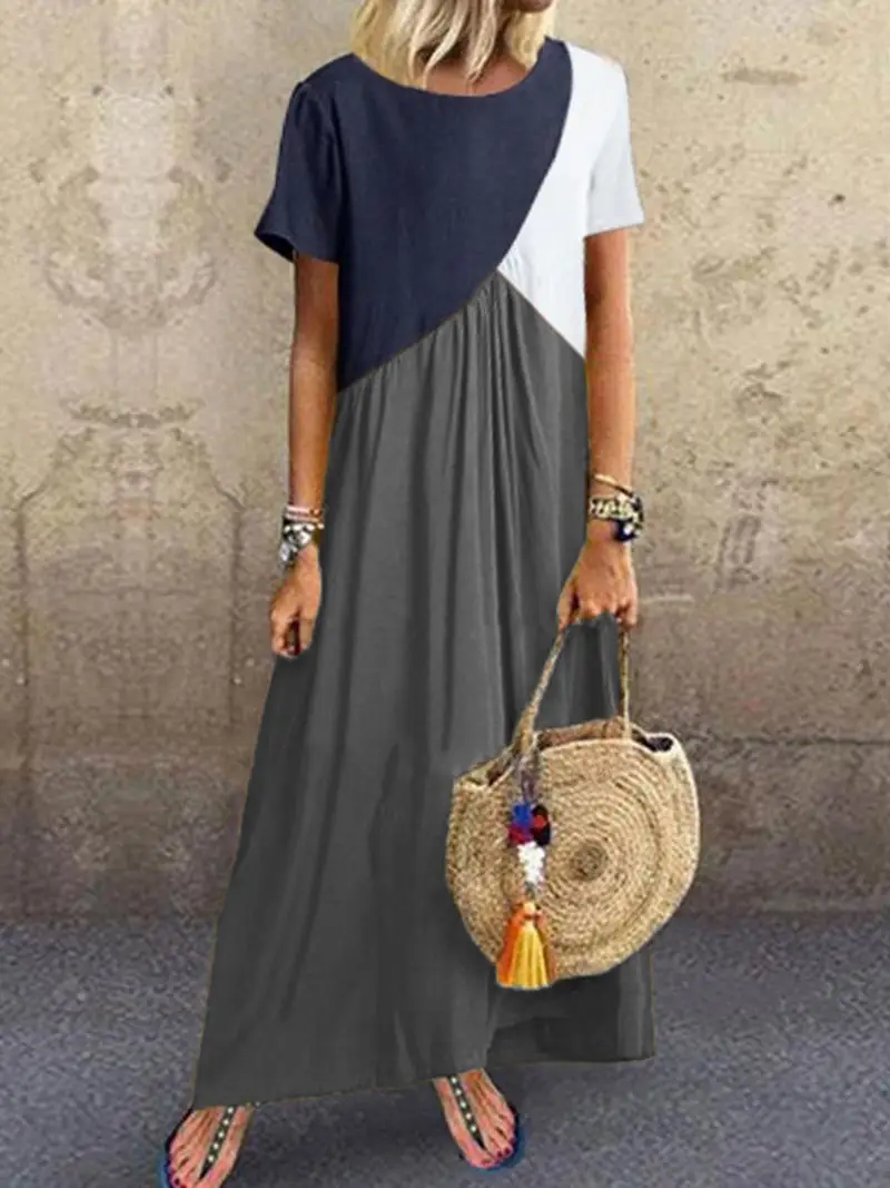 Women Geometric Contrasting Long Skirt Dress Summer Beach Wear