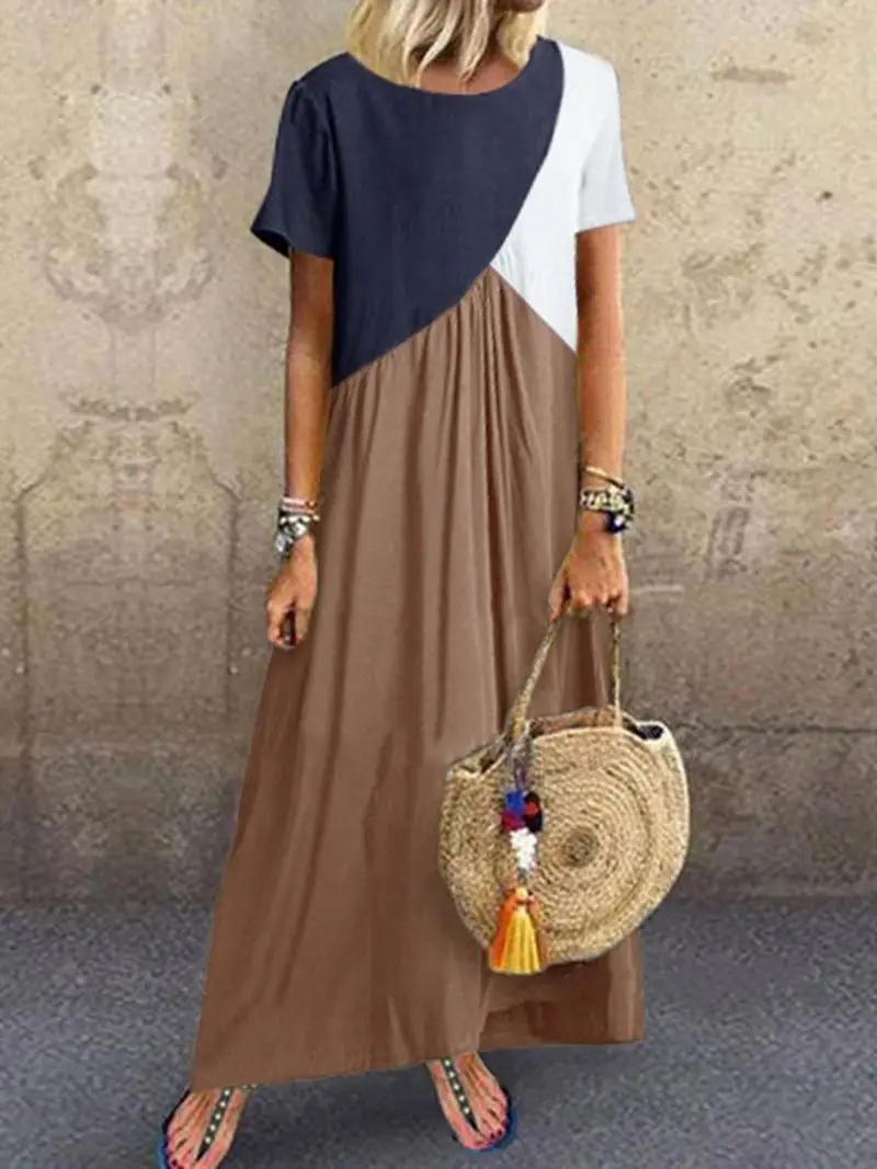 Women Geometric Contrasting Long Skirt Dress Summer Beach Wear