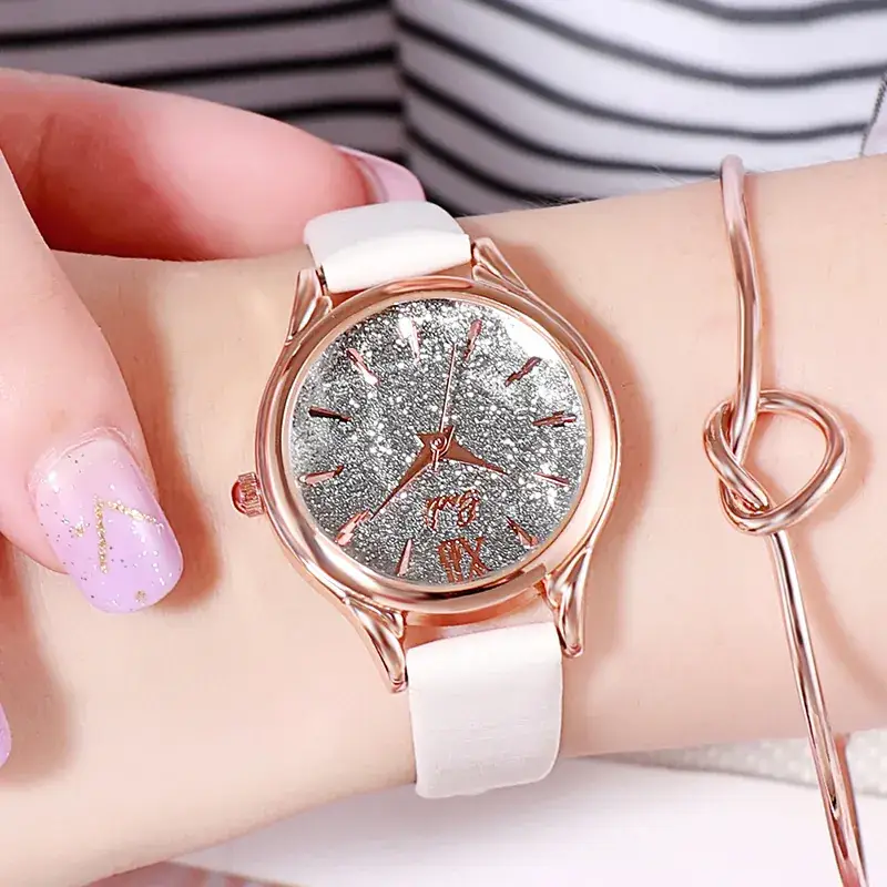 Korean Style Women's Watch Rose Gold Glitter White Strap - Image 2