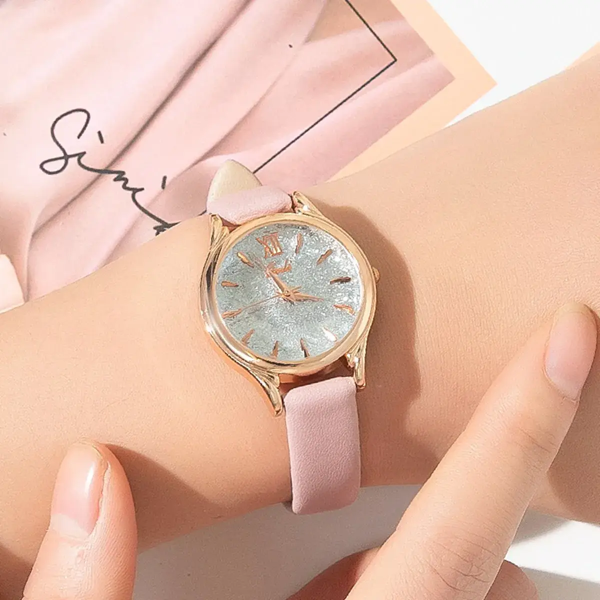 Korean Style Women's Watch Rose Gold Glitter White Strap - Image 6
