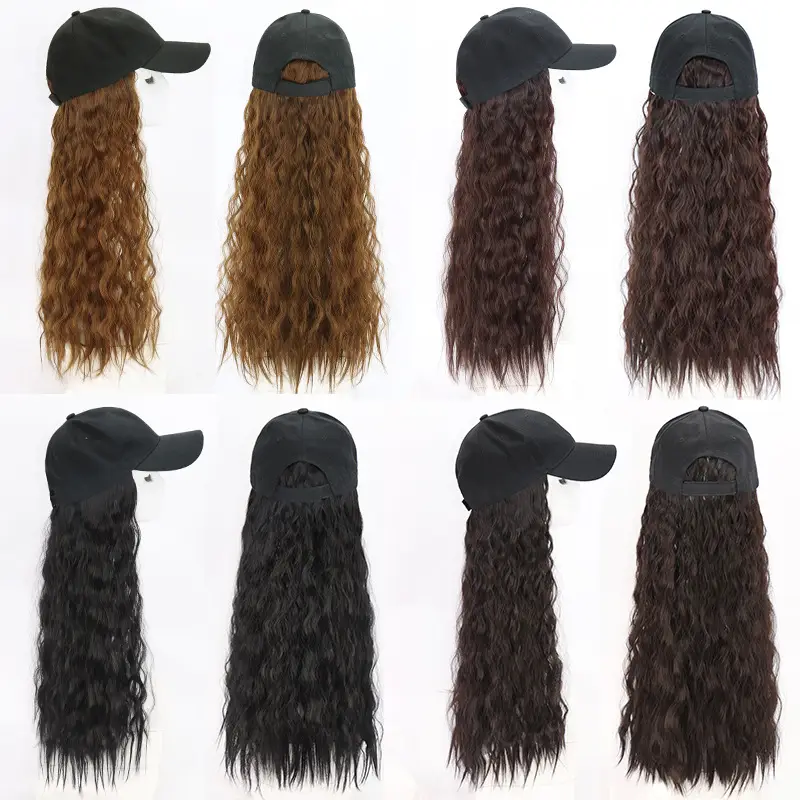 Women's Long Curly Wool Wig with Baseball Cap - Image 2