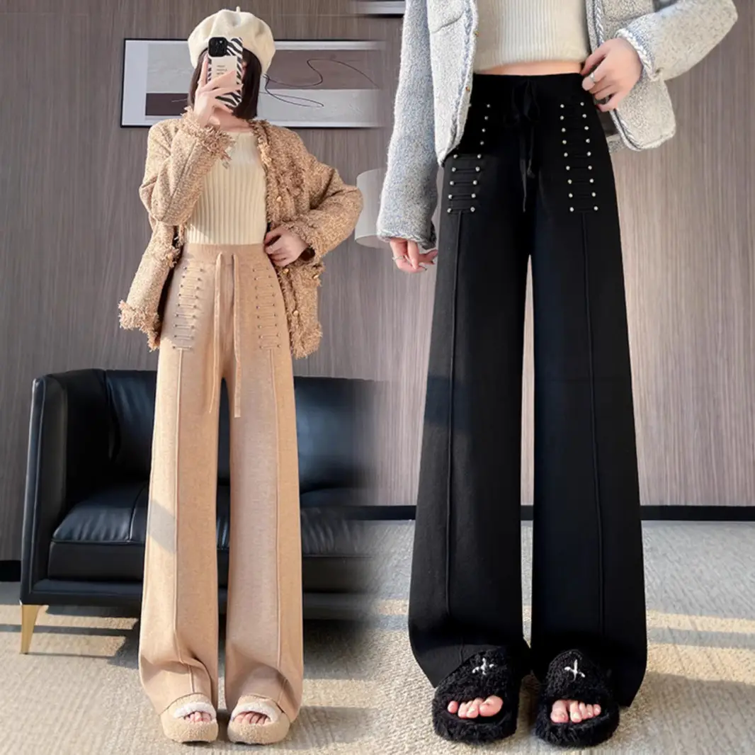 Women Black Knitted Wide Leg Pants Winter Autumn — feature 10