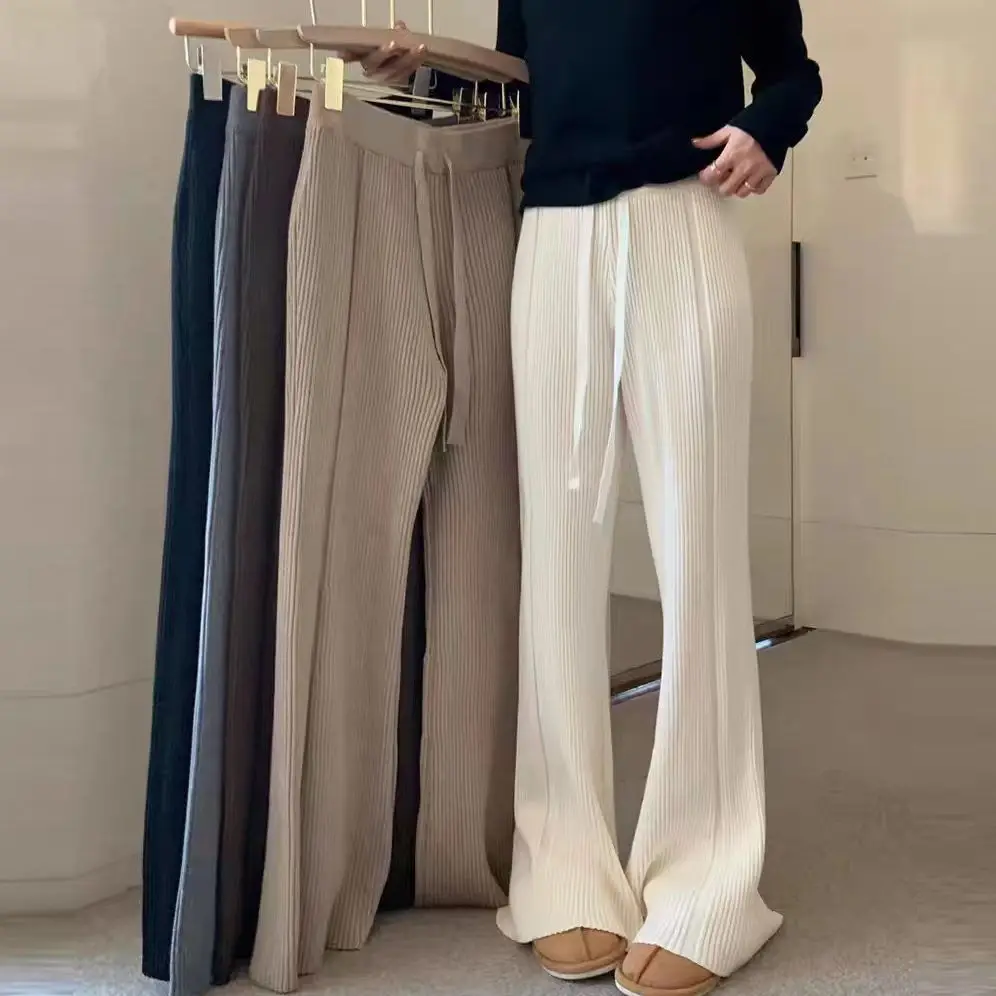 Women Black Knitted Wide Leg Pants Winter Autumn — feature 3