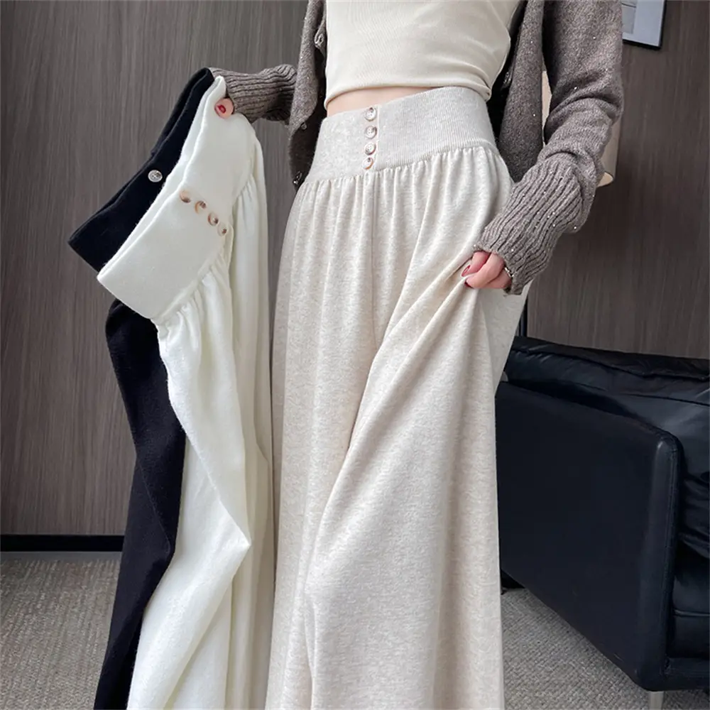 Women Black Knitted Wide Leg Pants Winter Autumn — feature 7