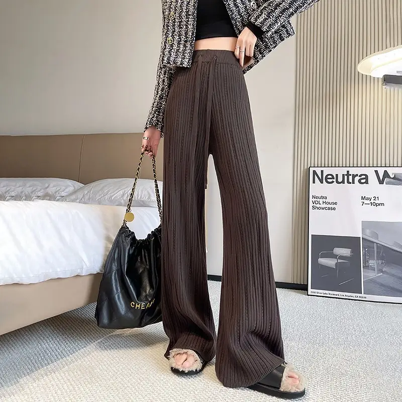 Women Black Knitted Wide Leg Pants Winter Autumn — feature 9