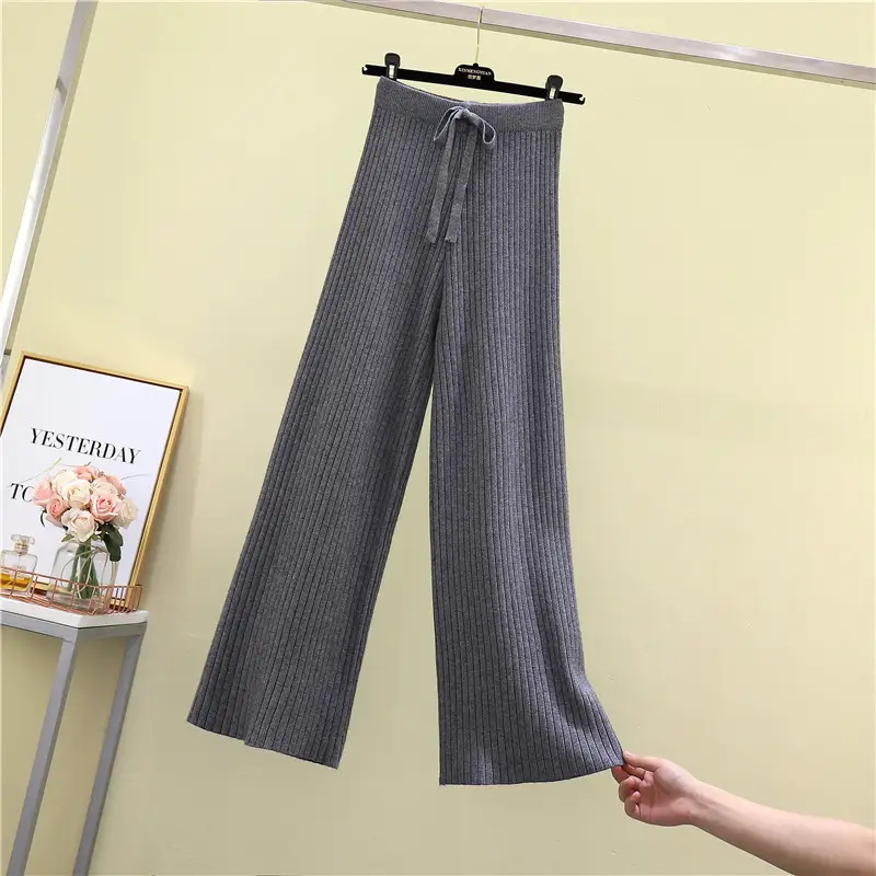 Women Black Knitted Wide Leg Pants Winter Autumn - Image 2