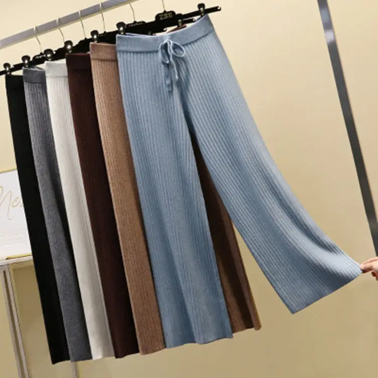 Women Black Knitted Wide Leg Pants Winter Autumn - Image 4
