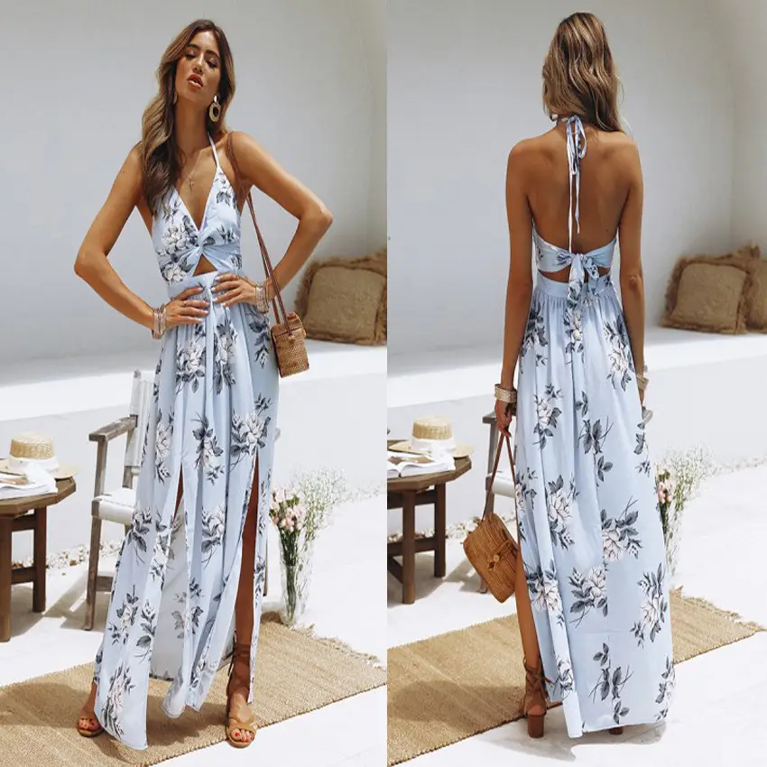 Women's Chiffon Printed V-Neck Beach Dress with Split Sleeves — feature 8