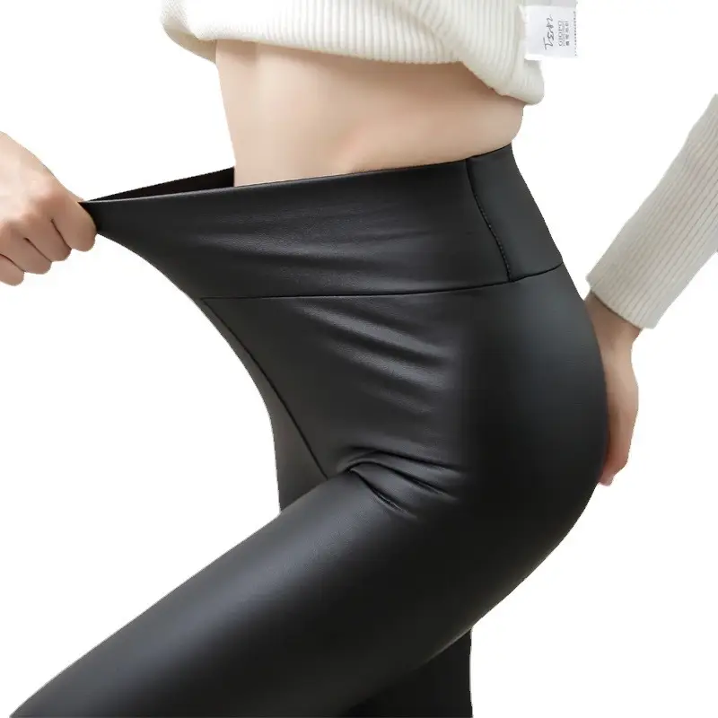 Women's Black PU Leather High Waist Tights with Fleece Lining - Image 11