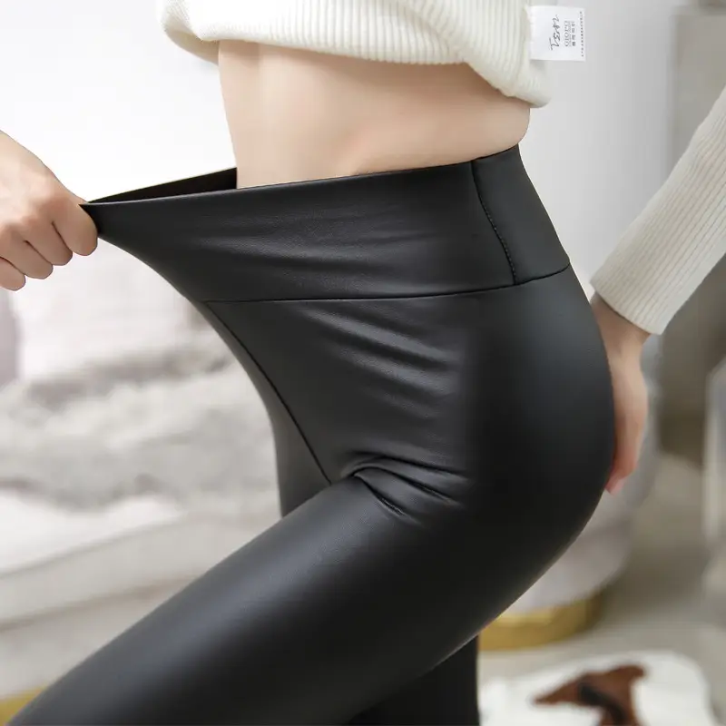 Women's Black PU Leather High Waist Tights with Fleece Lining — feature 11