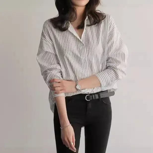 Women Blue Striped Long Sleeve Shirt Large Summer Wear - Image 4