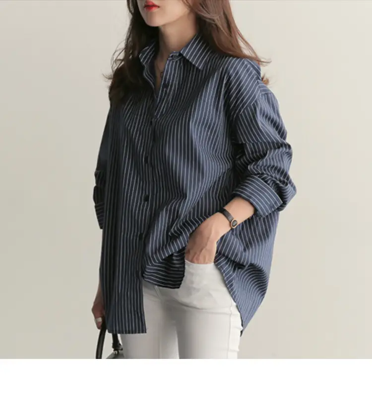 Women Blue Striped Long Sleeve Shirt Large Summer Wear — feature 1
